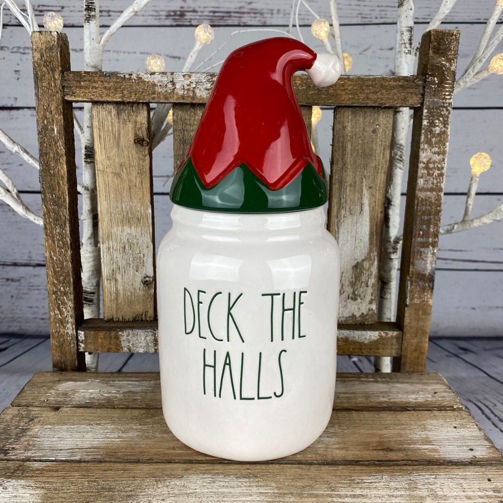 🎄 Rae Dunn “Deck The Halls” Canister w/ Elf Hat Topper – Christmas Decor